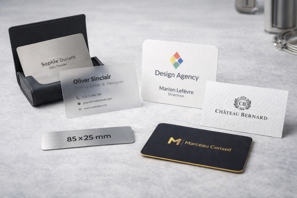 Formats de carte de visite 2025 avec différents matériaux et finitions professionnelles